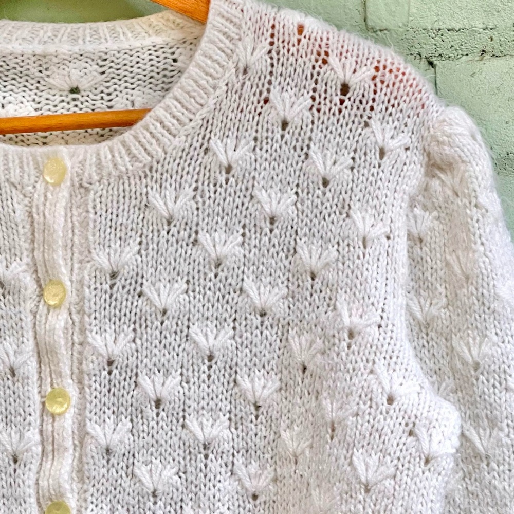 Vintage Cream Pointelle Knit Cardigan Sweater - Picture 4 of 8